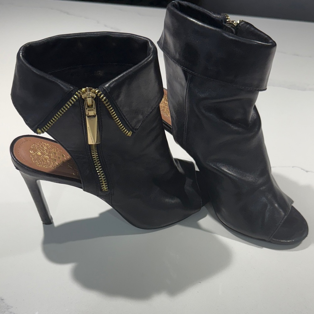 Vince Camuto Leather Black Peep-Toe Heeled Boots with Gold Zipper